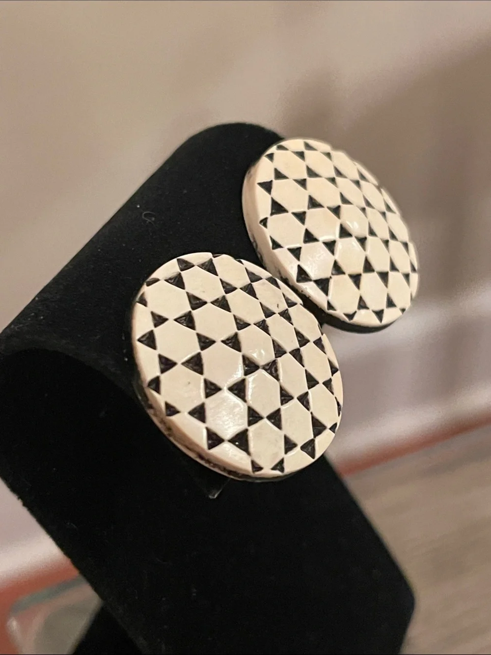 Vintage Round Button Clip Earrings with Geometric Pattern